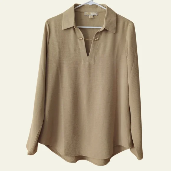 Michael Michael Kors Chain Accent Collared V-Neck Long Sleeve Blouse LARGE Tan - Picture 1 of 16